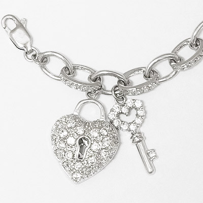 Sterling Silver Charm Bracelet with CZ Heart & Key Length 7 inch