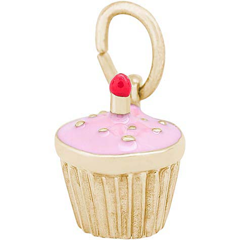 Cupcake Charm with Pink Icing and Lit Candle in Gold Plate