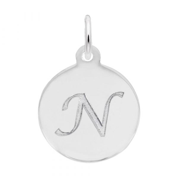 Rembrandt Script Initial Disc Charm N in 14K White Gold.