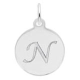 Rembrandt Script Initial Disc Charm N in Sterling Silver.