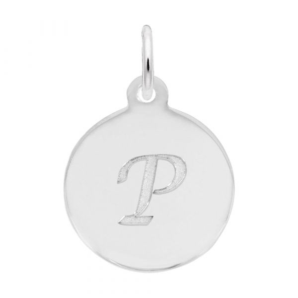 Rembrandt Script Initial Disc Charm P in 14K White Gold.