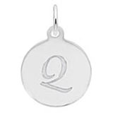 Rembrandt Script Initial Disc Charm Q in 14K White Gold.