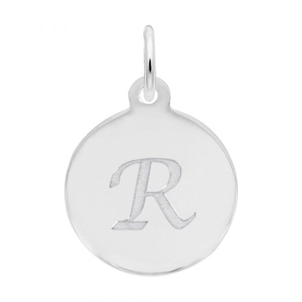 Rembrandt Script Initial Disc Charm R in 14K White Gold.