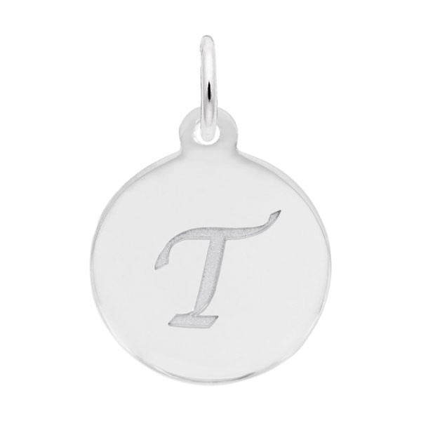 Rembrandt Script Initial Disc Charm T in 14K White Gold.