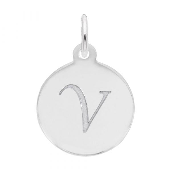 Rembrandt Script Initial Disc Charm V in Sterling Silver.